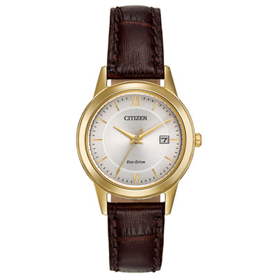 Image of Citizen Corso Eco-Drive Watch 29mm Women's Watch - Gold-Tone Case, Brown Leather Strap & Silver-Tone Dial