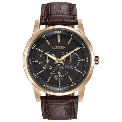 Image of Citizen Corso Eco-Drive Watch 44mm Men's Watch - Rose Gold-Tone Case, Brown Leather Strap & Black Dial