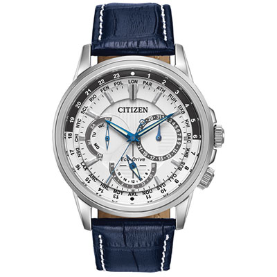 Image of Citizen Calendrier Eco-Drive Watch 44mm Men's Watch - Silver-Tone Case, Blue Leather Strap & White Dial