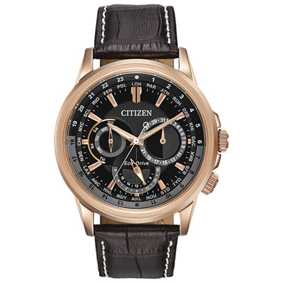 Image of Citizen Calendrier Eco-Drive Watch 44mm Men's Watch - Silver-Tone Case, Brown Leather Strap & Black Dial