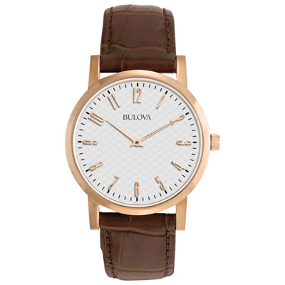 Image of Bulova Classic Quartz Watch 38mm Men's Watch - Rose Gold-Tone Case, Brown Leather Strap & Silver-White Dial