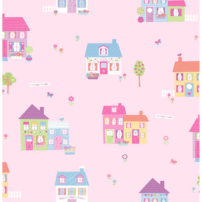 Image of Brewster You Are My Sunshine Houses Happy Street Wallpaper - Pink