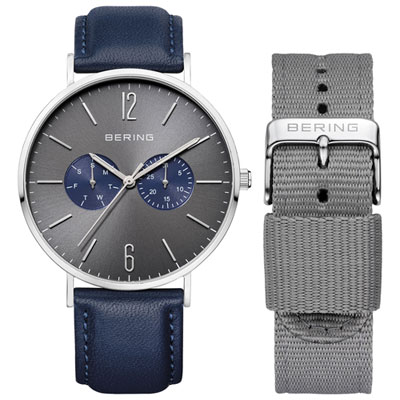 Image of BERING Classic 40mm Men's Analog Casual Watch with Leather & Nylon Bands - Blue/Silver/Grey Sunray