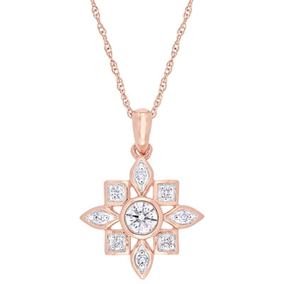 Image of Floral Pendant in 10K Pink Gold with 0.33ctw Diamonds on a 17   Pink Gold Chain