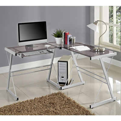 Image of Winmoor Home Z-Leg Corner Gaming Desk with Glass Top - Silver