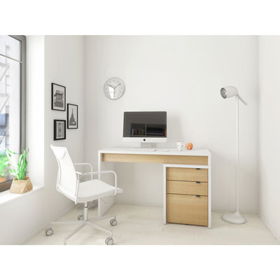 Image of Chrono Office Desk with 3-Drawer Filing Cabinet - White/Maple