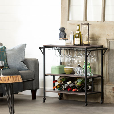 Munich Rustic Country Mobile Bar Cart - Weathered Oak/Matte Black