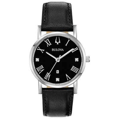 Image of Bulova American Clipper Quartz Watch 32mm Women's Watch - Silver-Tone Case, Black Leather Strap & Black Dial