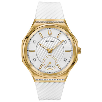Image of Bulova CURV High Performance Quartz Watch 40.5mm Women's Watch - Gold-Tone Case, White Rubber Strap & Silver-White Dial