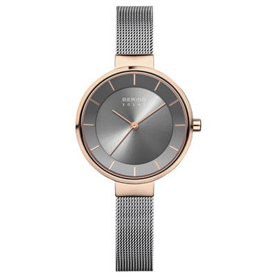Image of Bering Solar 31mm Women's Solar Powered Casual Watch - Grey Sunray/Rose Gold