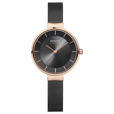 Image of Bering Solar 31mm Women's Solar Powered Casual Watch - Black Sunray/Rose Gold