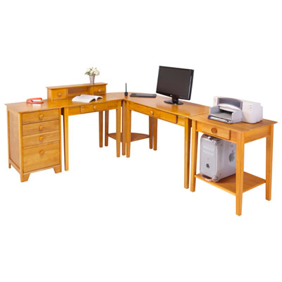 Image of Studio 5-Piece Computer Desk, Writing Desk, Corner Table, Printer Table & File Cabinet Set - Honey