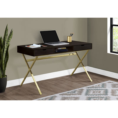 Image of Monarch Computer Desk with Drawers & Shelf - Cappuccino/Gold