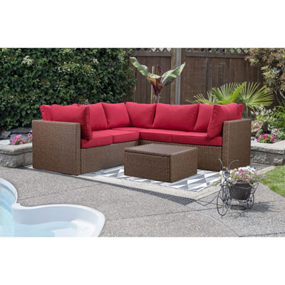 Image of Veranda 3-Piece Patio Sectional - Brown Wicker/Red Cushions