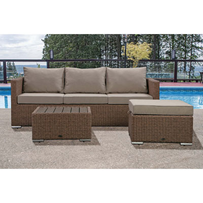 Image of Deckster 3-Piece Patio Conversation Set - Brown Wicker/Taupe Cushions
