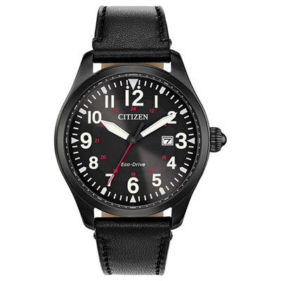 Image of Citizen Garrison Eco-Drive Watch 42mm Men's Watch - Black Case, Black Leather Strap & Black Dial