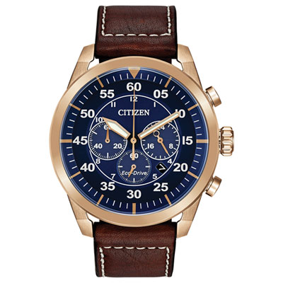 Image of Citizen Avion Eco-Drive Watch 45mm Men's Watch - Rose Gold-Tone Case, Brown Leather Strap & Blue Dial