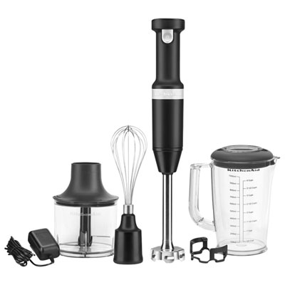 Image of KitchenAid Cordless Variable Speed Immersion Blender with Chopper & Whisk Attachment - Black Matte