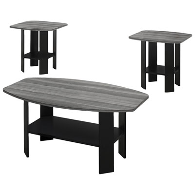 Image of Monarch Rounded Contemporary 3-Piece Coffee Table & End Tables Set with Shelves - Oak Grey/Black