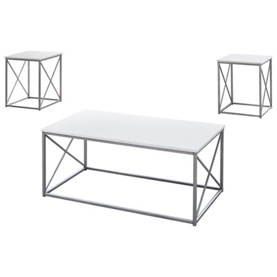 Image of Monarch X-Leg Contemporary 3-Piece Coffee Table & End Tables Set - White/Silver