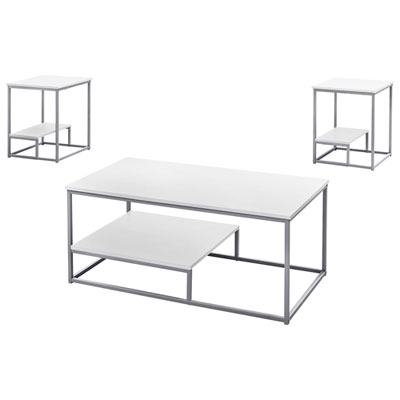Image of Monarch Contemporary 3-Piece Coffee Table & End Tables Set with Half Shelves - White/Silver