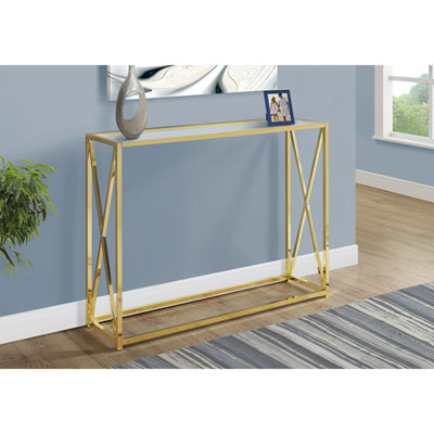 Monarch Modern Rectangular Console Table with Tempered Glass Top - Gold