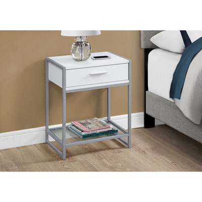 Monarch Modern Rectangular End Table with Drawer & Glass Shelf - White/Grey