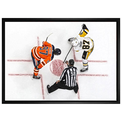 Image of Frameworth Edmonton Oilers: Connor McDavid & Sidney Crosby Faceoff Framed Canvas (20x29  )
