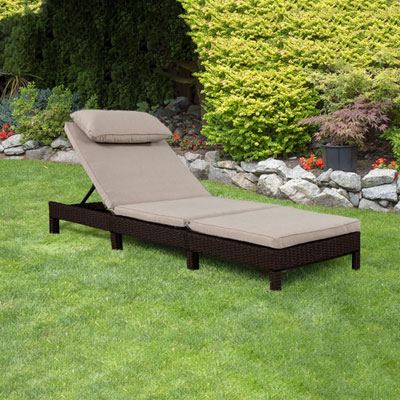 Image of Patioflare Laura Wicker Patio Chaise Lounge - Chocolate Brown/Beige Cushions