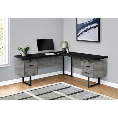 Monarch Corner 71"W Computer Desk with 3 Drawers - Black/Concrete