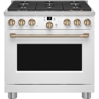 Café 36" 6.2 Cu. Ft. Fan Convection Freestanding Gas Range (CGY366P4TW2) - Matte White We get so many compliments on the White with Gold accents