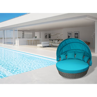 Image of Positano Resin Wicker Outdoor Daybed with Canopy & Cushions - Aqua Blue