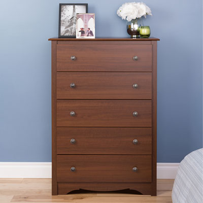 Image of Prepac Monterey Transitional 5-Drawer Chest Of Drawers - Cherry