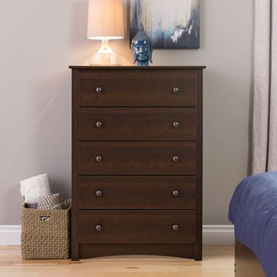 Image of Prepac Fremont Transitional 5-Drawer Chest Of Drawers - Espresso