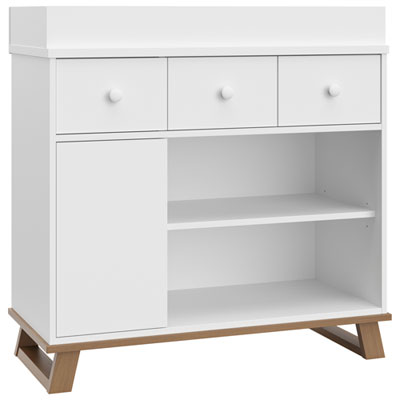 Storkcraft Modern 2-Drawer 4-Shelf Changing Table Dresser - White/Vintage Driftwood I like the way it matches another white dresser that I have and I can convert it in the future in just a dresser, by removing the changing piece