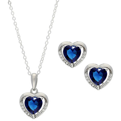 Image of Le Reve Collection Blue Heart Glass Crystal Pendant & Earring Set in Sterling Silver