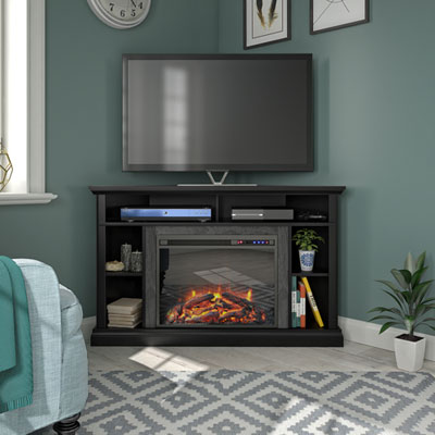 Image of Ameriwood Home Overland 50   Corner Fireplace TV Stand with Logs Firebox - Black