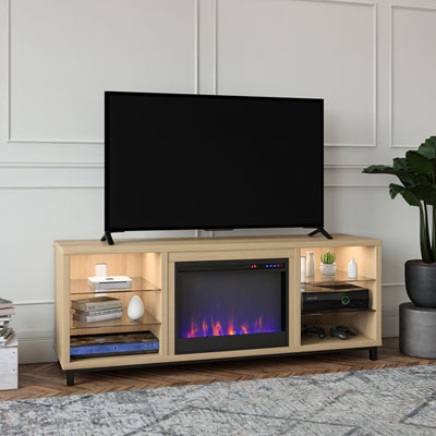 Image of Ameriwood Home Lumina Deluxe 70   Fireplace TV Stand with Logs Firebox - Blonde Oak