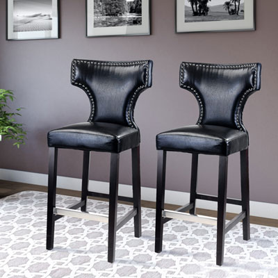 Image of Amber Emily Transitional Bar Height Barstool with Metal Studs - Set of 2 - Black