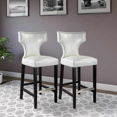 Image of Amber Emily Transitional Bar Height Barstool with Metal Studs - Set of 2 - White
