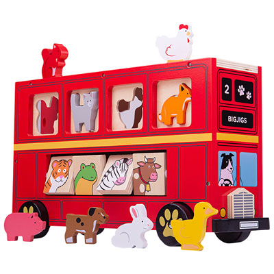 Image of Bigjigs Toys Wooden Animal Shape Sorter Bus - Red