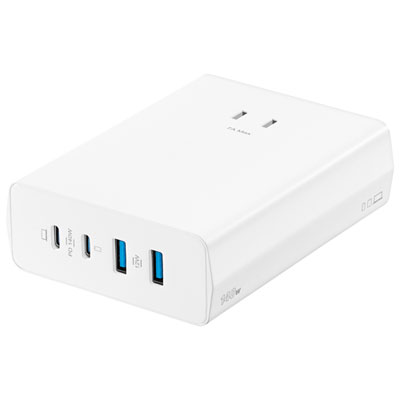 Insignia 140W 4-Port USB-C/USB-A Wall Charger - Only at Best Buy In other words, you'll get the full 140W delivery to a device as long as that's the ONLY device plugged in:
                
                1 USB-C = full 140W
                2 USB-C = 100W + 30W
                2 USB-C + 1 USB-A = 100W + 30W + 12W
                2 USB-C + 2 USB-A = 100W + 30W + 15W (shared between the USB-A ports)
                
                This is a pretty good tradeoff when you're distributing devices, but the charger has another surprise:  It comes with an addition 3 prong power outlet that allows you to pass through power to a another power supply or stack additional chargers (up to 4) providing a max 560W over 16 ports