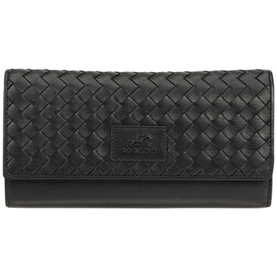 Mancini Basket Weave RFID Genuine Leather Tri-fold Clutch Wing Wallet - Black