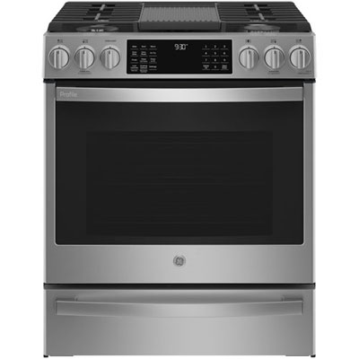 "Open Box - GE Profile 30"" 5.6 Cu.Ft. Slide-In Gas Air Fry Range (PCGS930YPFS) -Stainless -Scratch & Dent"