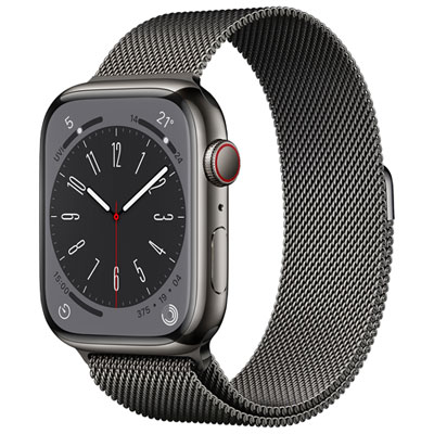 Apple Watch Series 8 45 Mm (Gps + Cell) En Acier Inoxydable Graphite Et Bracelet Milanais Graphite De Rogers - M/g - Financement Mensuel