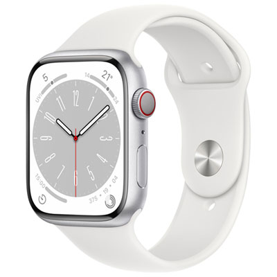Bell Apple Watch Series 8 (GPS + Cellular) 45mm Silver Aluminum Case w/ White Sport Band - M/L - Monthly Financing