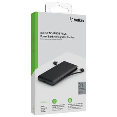 Belkin BoostCharge 10k mAh Power Bank with Lightning Cable & USB-C Cable -  Black