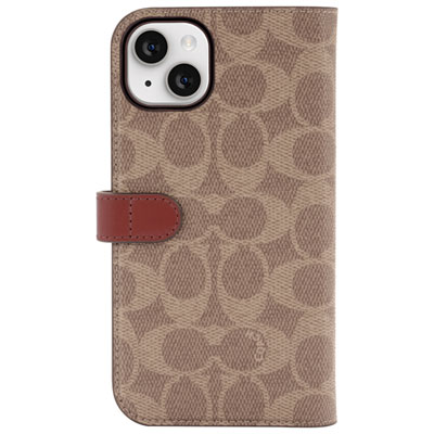 Image of Coach Leather Folio Wallet Case with MagSafe for iPhone 14 Plus - Signature Tan