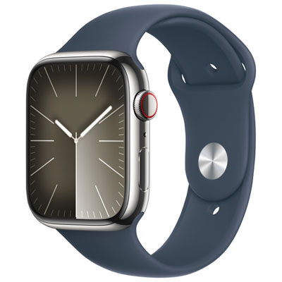 Apple Watch Series 9 (GPS + Cellular) 45mm Silver Stainless Steel Case with  Storm Blue Sport Band - Small/Medium 140-190mm