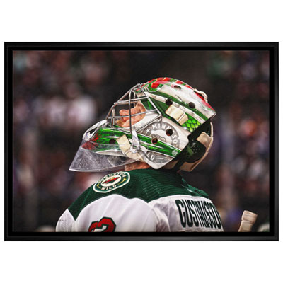 Frameworth Minnesota Wild: Filip Gustavsson Looking Up Framed Canvas (31x22")